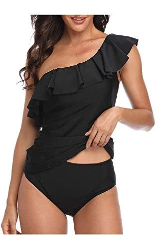 Tummy Control Bathing Suits One Shoulder Tankini-Black