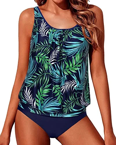 Modest Two-Piece Tankini Blouson Swimsuits For Women-Blue Leaf