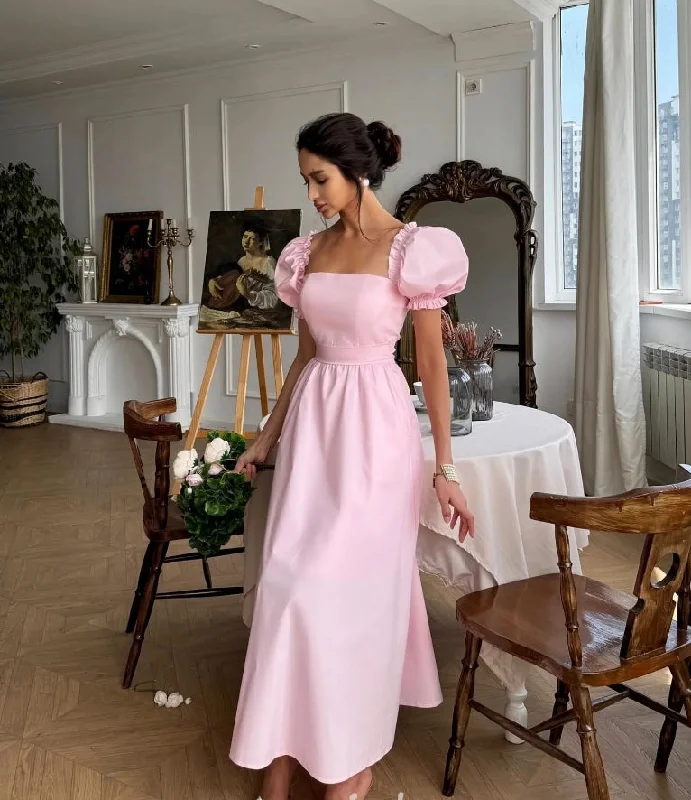 Women's Narrow Collar DressesPink Prom Dresses Princeces French Square Collar Homecoming Party Dress A Line Satin Evening Bride Vestidos De Gala