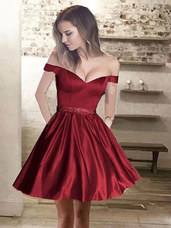 Women's Notched Collar DressesA-Line/Princess Off-the-Shoulder Satin Beading Sleeveless Short/Mini Dresses