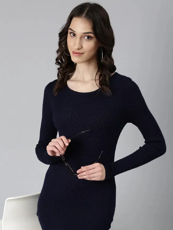 Women's High-Low DressesWomen Navy Blue Solid Bodycon Dress-TG-23321-Navyblue