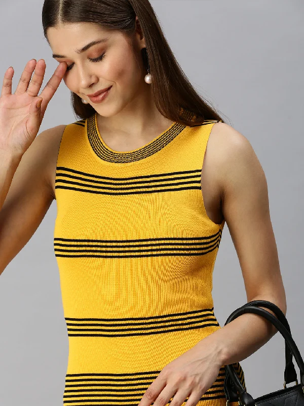 Women's Keyhole-Back DressesWomen Striped Bodycon Yellow Dress-TG-2101-Yellow