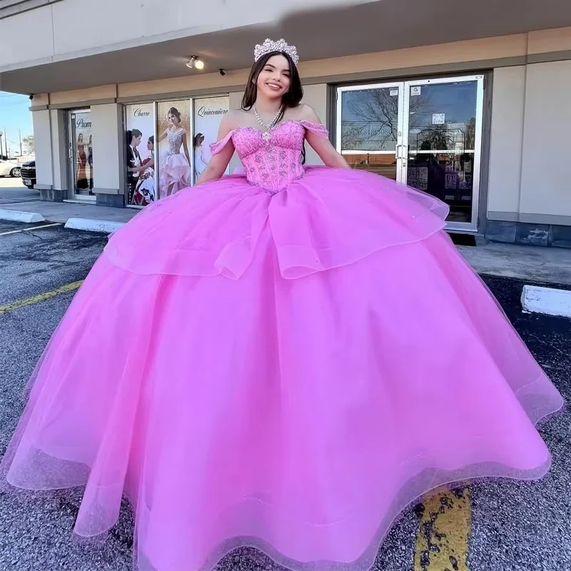 Women's Lapel Collar DressesPink Quinceanera Dresses for 15 Year 2024 Ball Gown Sexy Off the Shoulder Beads Crystal Tull Back Bow Long Party Dress for Girl