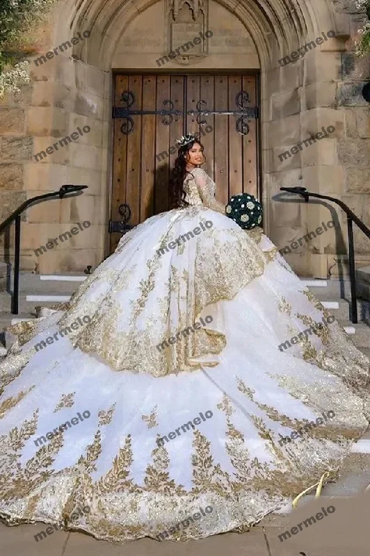 Women's Collarless DressesGold Appliques Ball Gowns Quinceanera Dresses Princess Girls Birthday Party