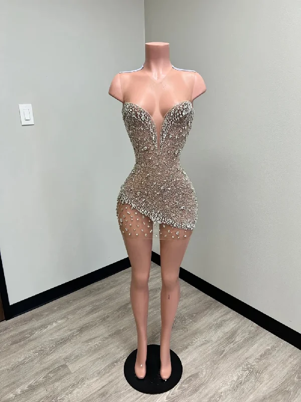 Women's V-Shaped-Neck DressesNew Arrival Sexy See Through Sparkly Silver Crystals Women Birthday Party Mini Style Black Girls Short Prom Dresses 2024