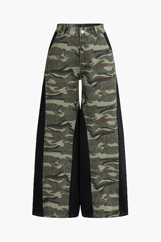 Women's Jodhpurs with Notched CollarColor Block Camo Print Patchwork Trousers