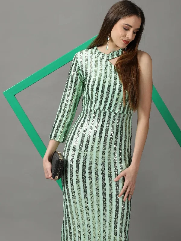 Women's Mandarin Collar DressesWomen's Green Embellished Bodycon Dress-AE-15922-Green