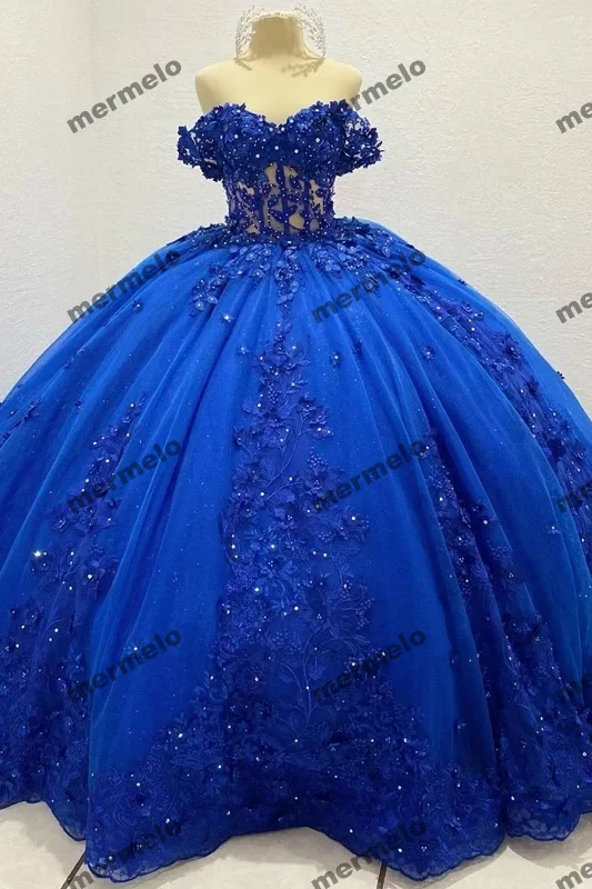 Women's Peter Pan Collar DressesRoyal Blue Quinceanera Dresses Shiny Lace Birthday Party Ball Gown