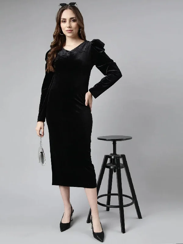 Women's Maxi DressesWomen Black Solid Bodycon Dress-CHN-923-Black