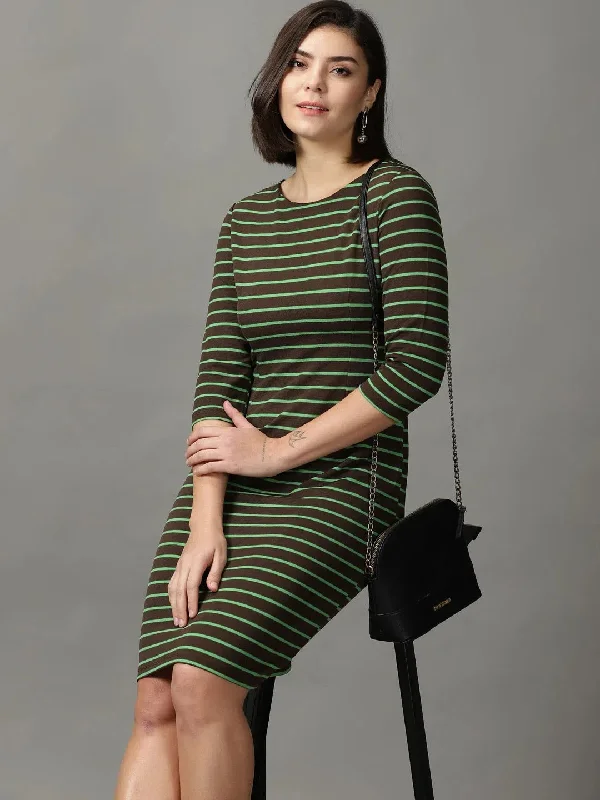 Women's Square Collar DressesWomen's Coffee Brown Striped Bodycon Dress-DQ-17-163-3-Coffeebrown