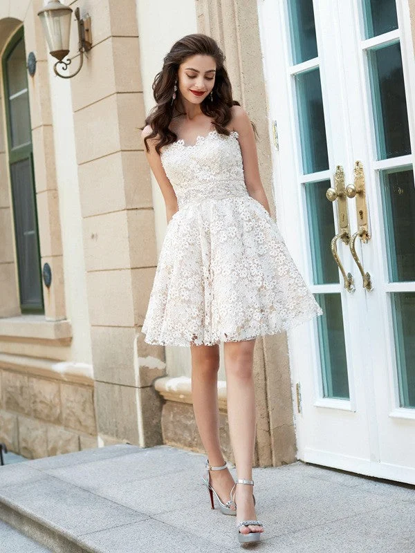 Women's Pencil DressesA-Line/Princess Sweetheart Sleeveless Rhinestone Short/Mini Lace Dresses