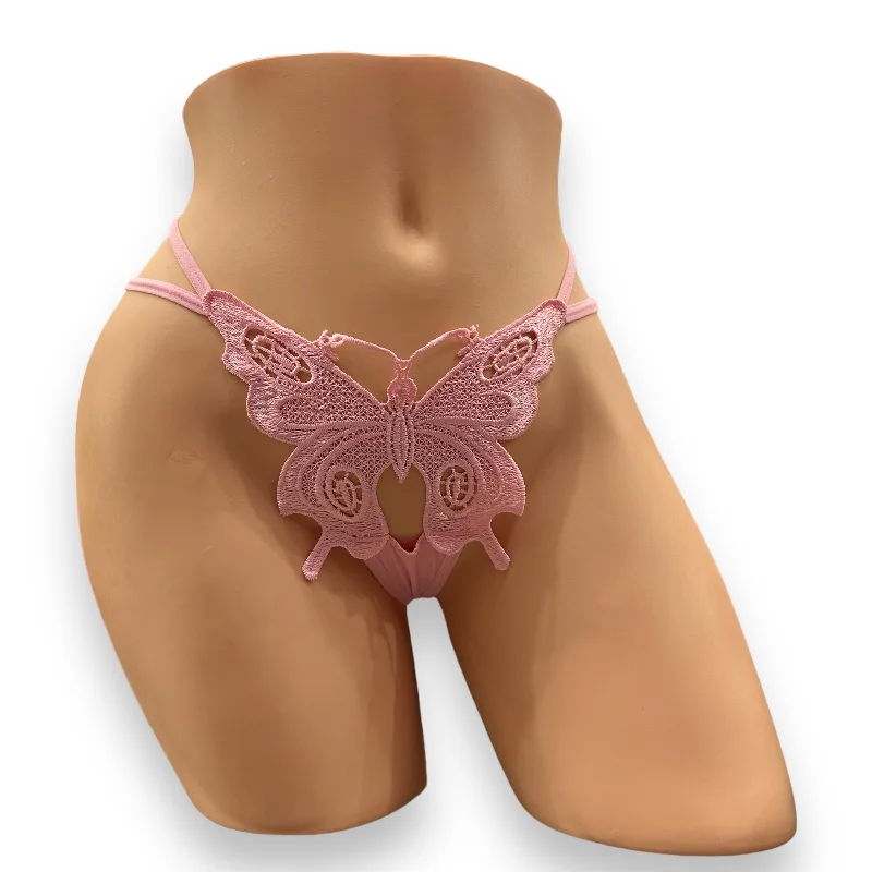 stretchable satin hipster panties with a lace trim and sheer overlay for a luxurious and seductive appealPink Butterfly - Double Strap