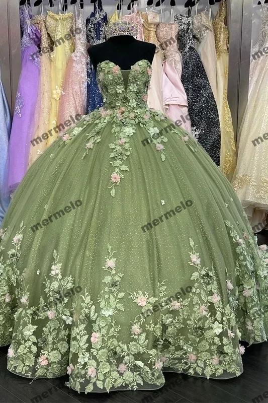 Women's Notched Collar DressesSage Green Ball Gown Quinceanera Dresses Sweetheart 3D Floral Brithday Party