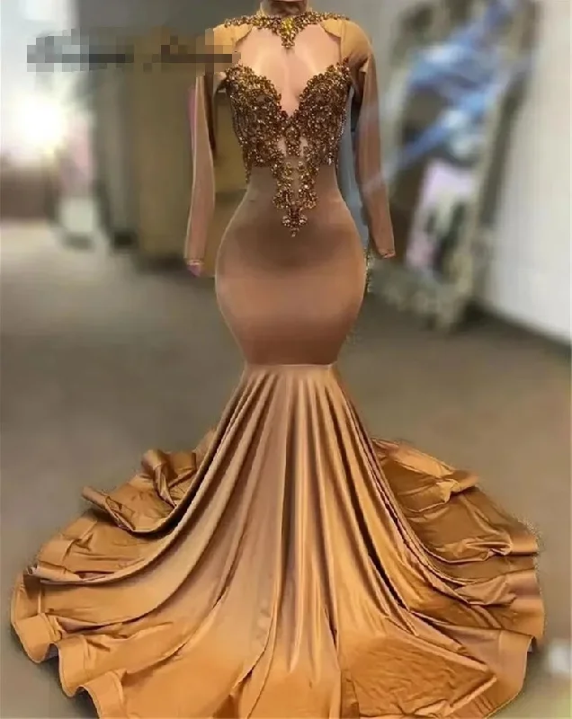 Women's Boat-Neck DressesBrown Mermaid Gold Rhinestones Prom Dresses For Party Wedding Evening Beaded Formal Dress V Neck Party Gowns Elegant robe