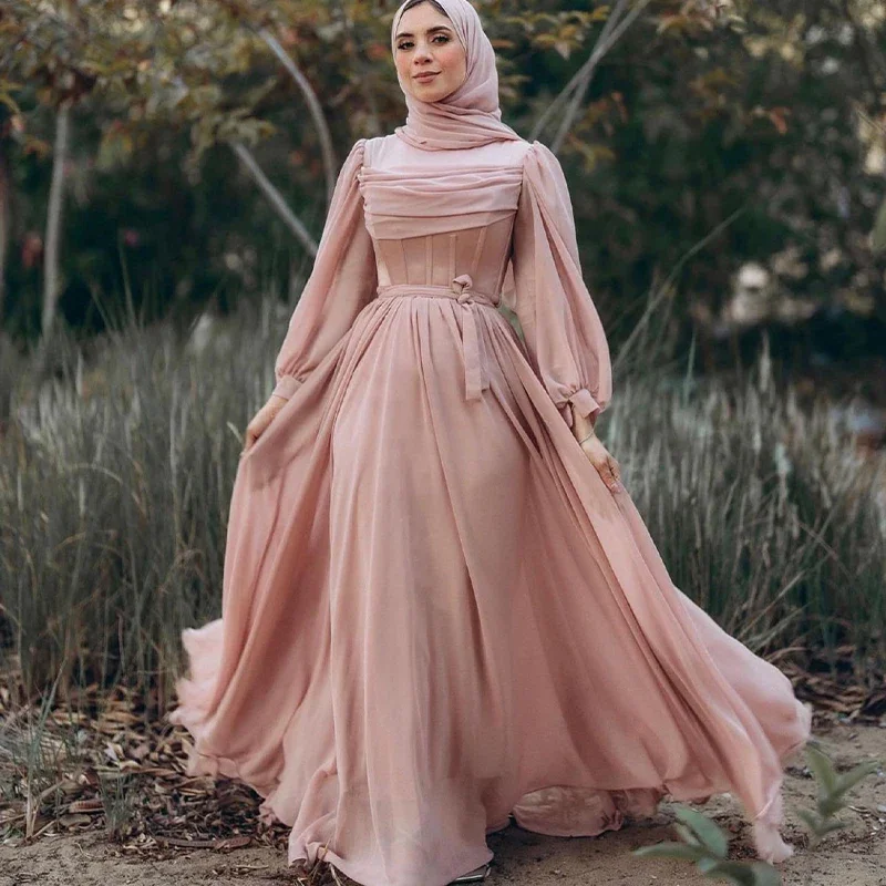 Women's High Collar DressesBlush Chiffon Prom Dresses for Hijab Women High Neck Long Sleeves Floor Length A Line Pleats Muslim robe femme soirée Party Gown