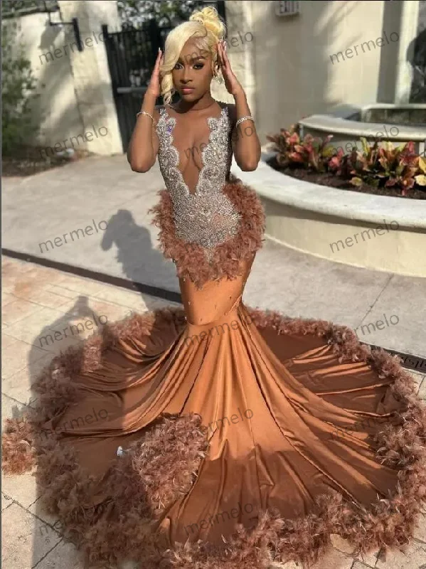 Women's Low-Neck DressesBrown Long Mermaid Evening Birthday Gala Dresses for Black Girl Luxury Diamond Crystal Feather Prom Ceremony Party Dress