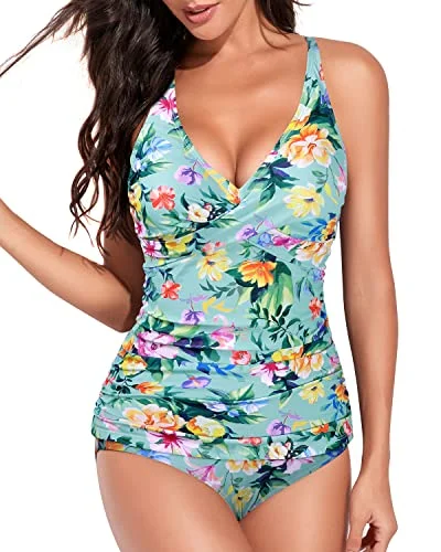 Front Cross Design Plunge V Neck Tankini Swimsuits For Women-Mint Flowers