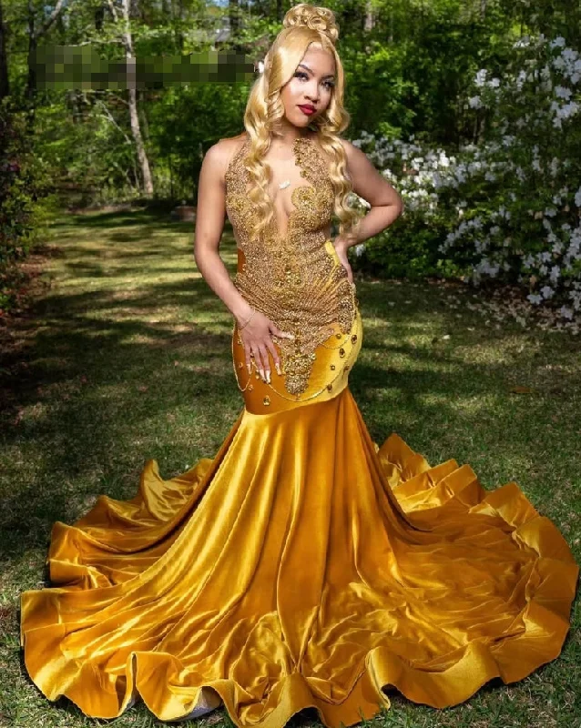 Women's Cap-Sleeve DressesGold Velvet Beaded Crystals Rhinestone Prom Dress For Black Girls Mermaid Ladies Dresses For Special Occasions Party Gowns