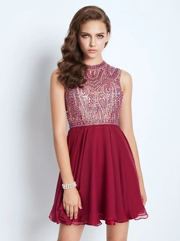 Women's Pencil DressesA-Line/Princess Jewel Sleeveless Chiffon Beading Short/Mini Dresses