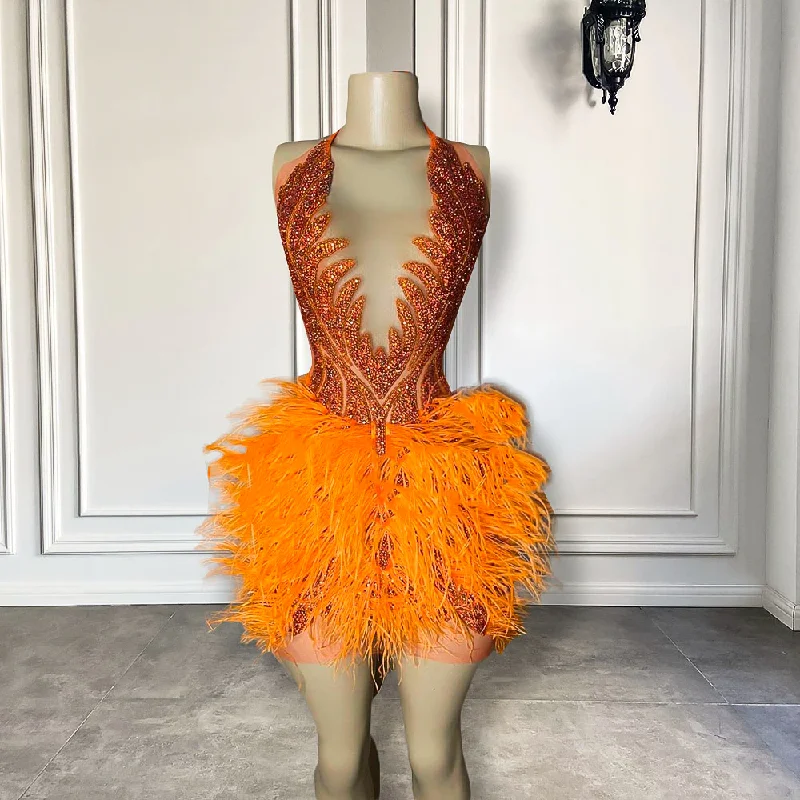 Women's Shirt Collar DressesSexy See Through Luxury Orange Diamond Women Formal Birthday Party Gowns Feather Black Girls Mini Short Prom Dresses