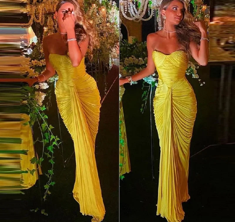 Women's Short-Sleeve DressesBright Yellow Chiffon&Satin Pleats Long Prom Dresses Sweetheart Mermaid Floor Length Evening Gowns Women Party Dress