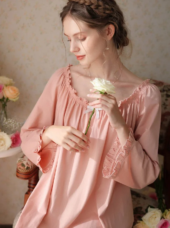 women's cotton pajama setsVintage French Nightdress, Cotton Victorian Nightgown, Women Long Sleeves Loose Ruffles Princess Vintage Nightgown