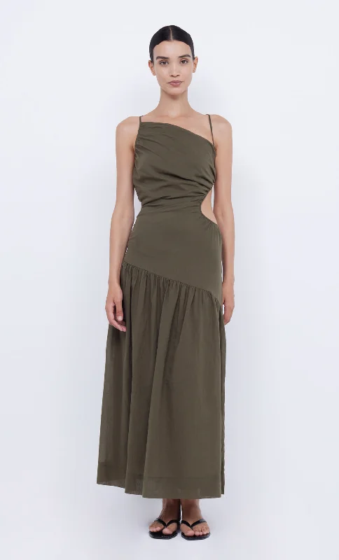 Women's Mandarin Collar DressesCALYPSO ASYM MAXI DRESS - OLIVE GREEN