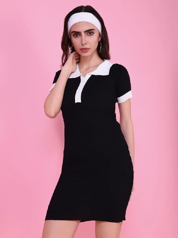 Women's Notched Collar DressesWomen Black Solid Bodycon Dress-TG-1262-Black