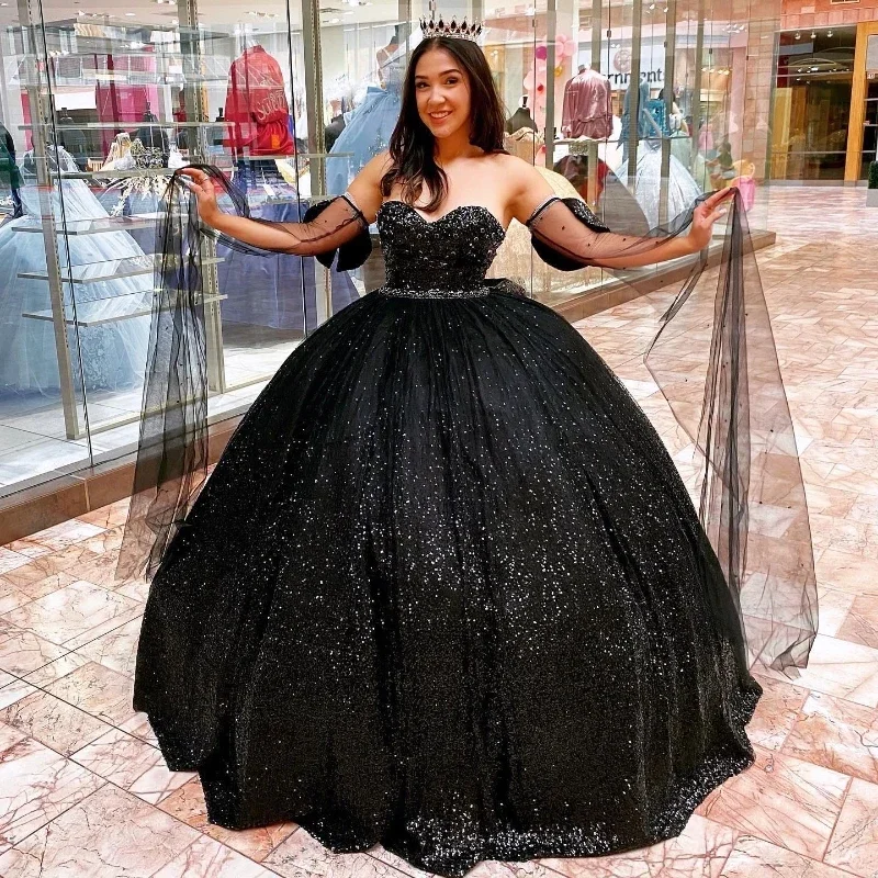 Women's Square-Neck DressesBlack Shiny Quinceanera Dresses Birthday Off Shoulder Formal Ball Gown Beading Crystal Sequined Party Dresses Vestido De 15