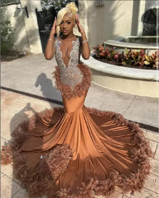 Women's Square-Back DressesBrown Long Mermaid Evening Birthday Gala Dresses for Black Girl Luxury Diamond Crystal Feather Prom Ceremony Party Dress