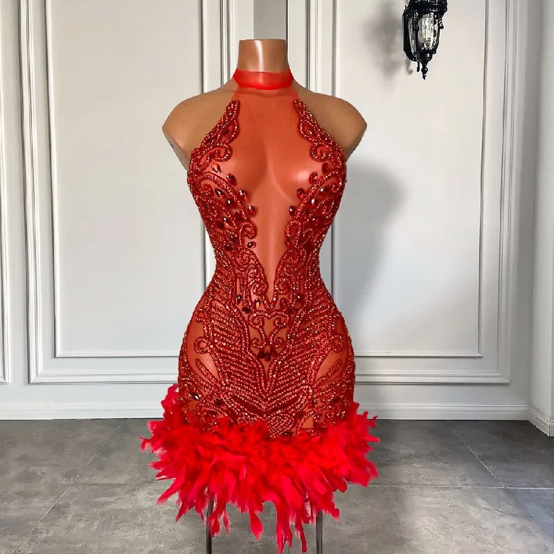 Women's U-Shaped Collar DressesSexy See Through Halter Luxury Beaded Diamond Women Birthday Party Gowns Red Feather Black Girls Short Mini Prom Dresses