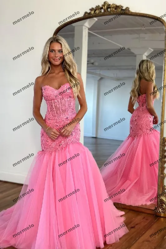 Women's Short-Sleeve DressesMermaid Prom Dresses Lace Applique Tulle Sweetheart Long Sweep Train Formal Party Evening Gowns