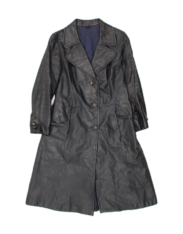 Women's Coats with Fur Trimmed HoodVINTAGE Womens Leather Coat IT 46 Large Navy Blue