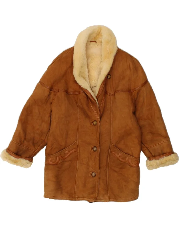 Women's Coats with Fur Trimmed PocketsVINTAGE Womens Shearling Coat IT 42 Medium Brown Shearling