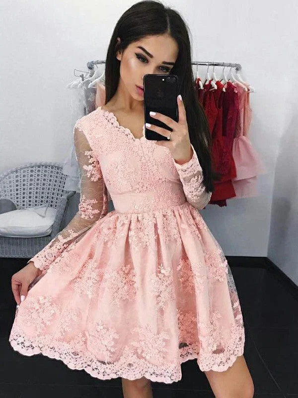 Women's Square-Neck DressesA-Line/Princess Lace Long Sleeves Applique V-neck Short/Mini Dresses