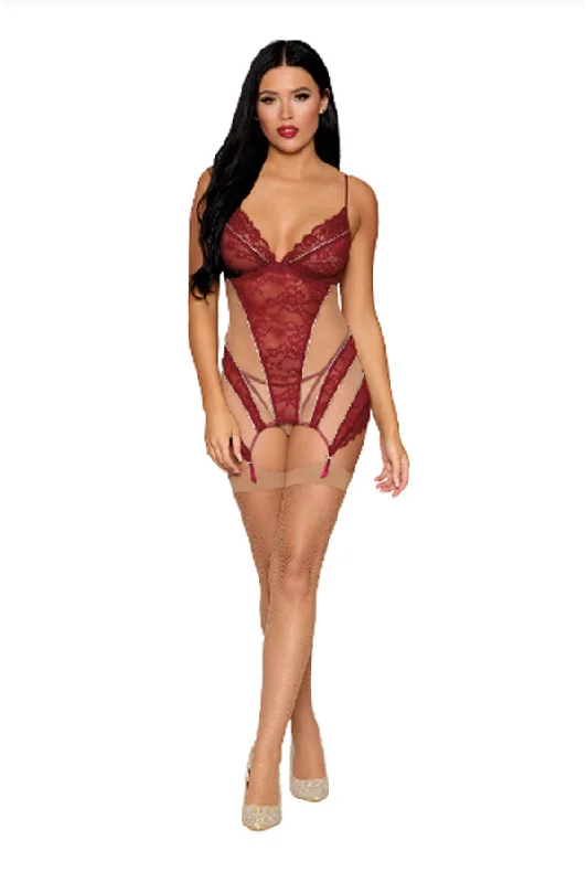 women's pajamas with a snug fitStretch lace and ultra sheer nude mesh garter slip