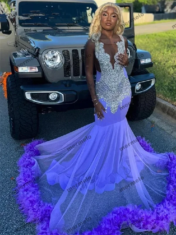 Women's Collarless DressesPurple Prom Dresses For Black Girls Diamond Beading Rhinestones Feathers Long Birthday Party Gown