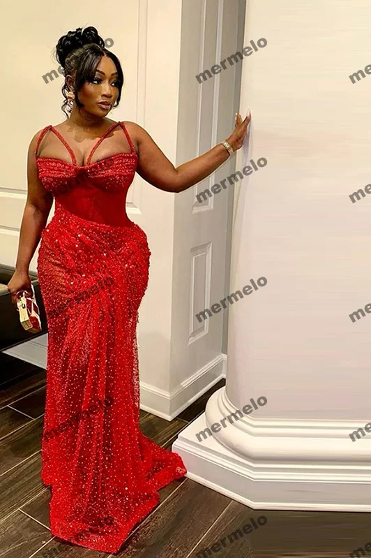 Women's Turtleneck DressesSexy Red Aso Ebi Mermaid Prom Dresses Lace Pearls Beaded Spaghetti Evening Gowns African Girls Formal Occasion Party Dress