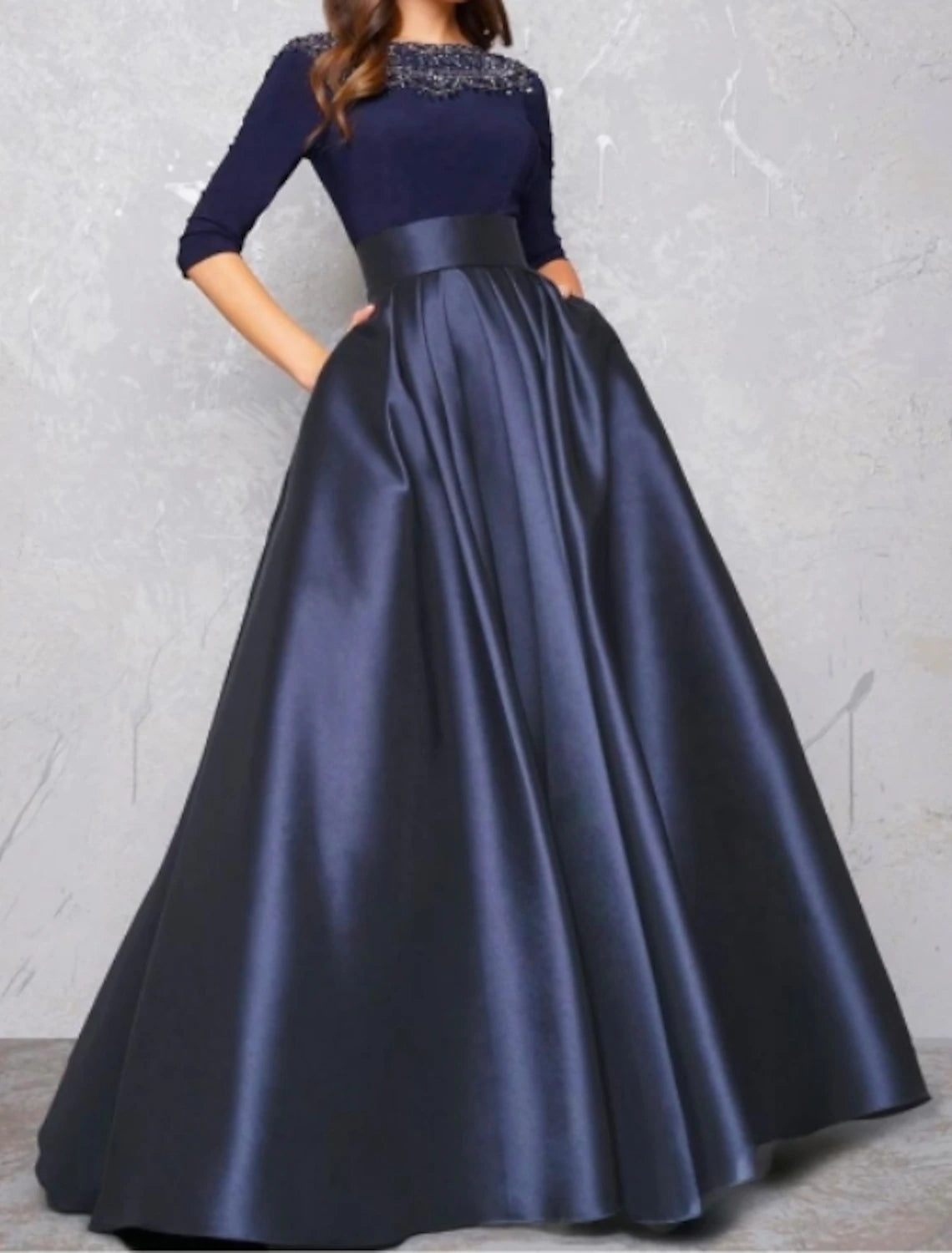 Women's Lapel Collar DressesBall Gown Evening Gown Minimalist Dress Quinceanera Formal Evening Floor Length Half Sleeve Illusion Neck Fall Wedding Guest Satin with Pleats Lace Insert