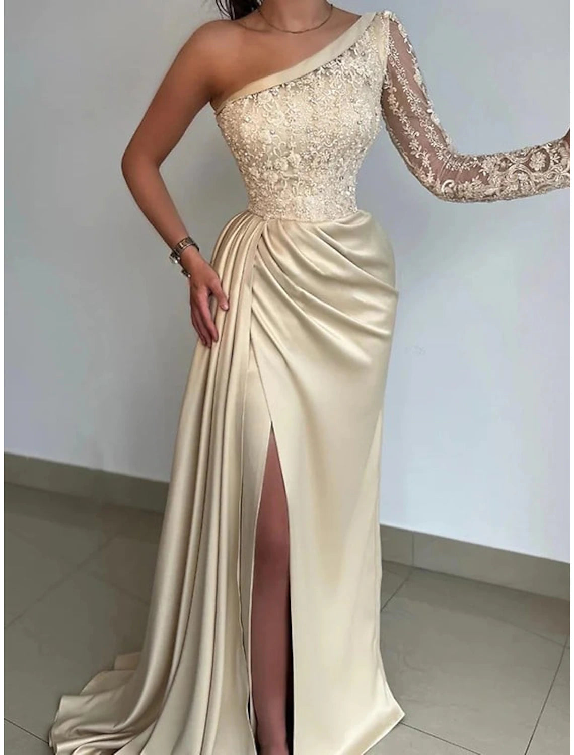 Women's Off-the-Shoulder DressesMermaid Black Dress Evening Gown Hot Dress Formal Wedding Party Sweep / Brush Train Long Sleeve One Shoulder Bridesmaid Dress Satin with Rhinestone Appliques