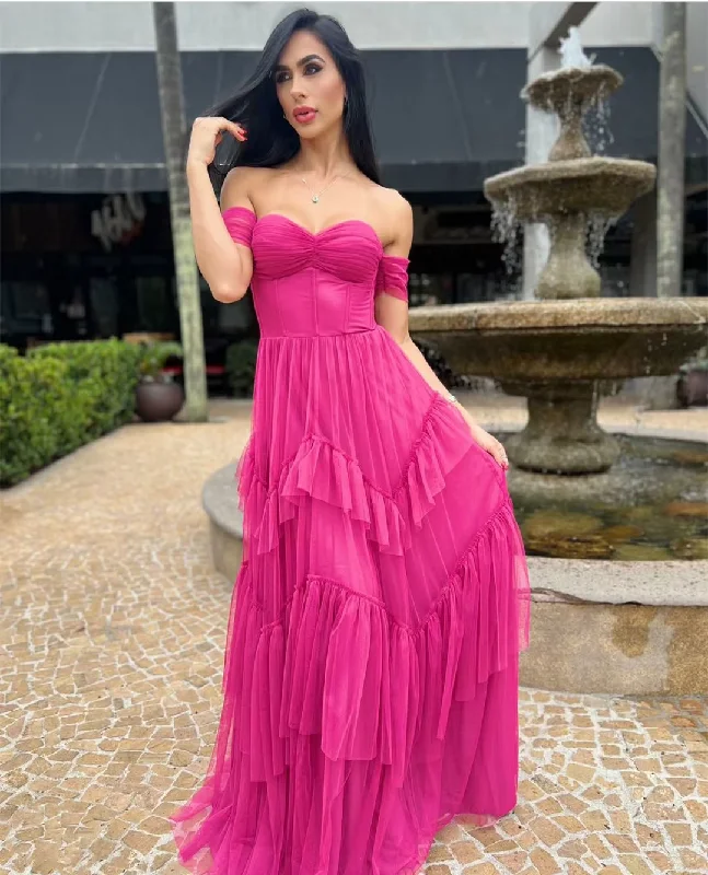 Women's Collarless DressesCustomized Vintage Long Off Shoulder Fuchsia Tulle Evening Dresses A-Line Pleated Floor Length Prom Formal Party Dress for Women