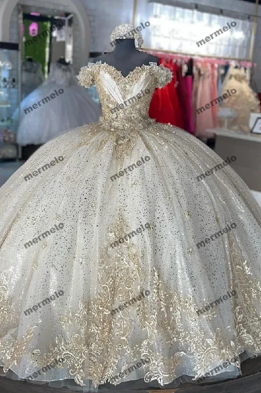 Women's Boat Collar DressesGlittering Quinceanera Dresses Vestidos De Años Ivory Champagne Lace Princess Dress Birthday Party Gowns Corset