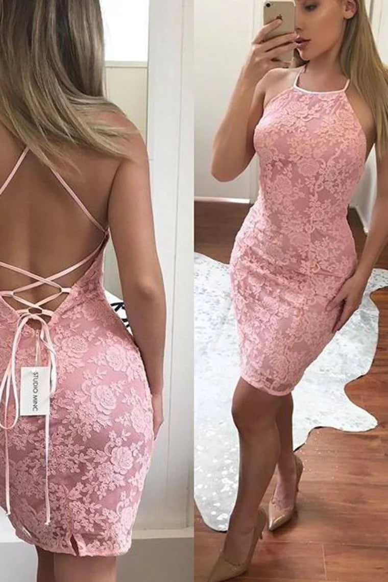 Women's High-Neck DressesHot Sheath Halter Open Back Lace Short/Mini Cocktail Dresses Zipper Up