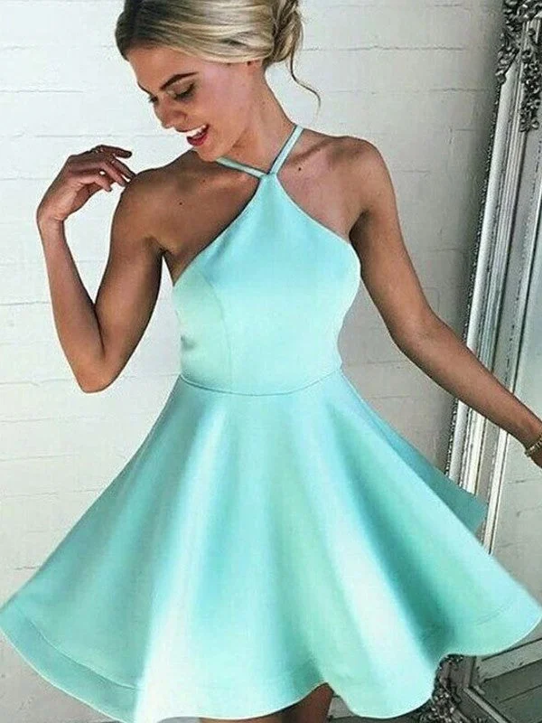 Women's Off-the-Shoulder DressesA-Line/Princess Satin Halter Sleeveless Pleated Short/Mini Dresses