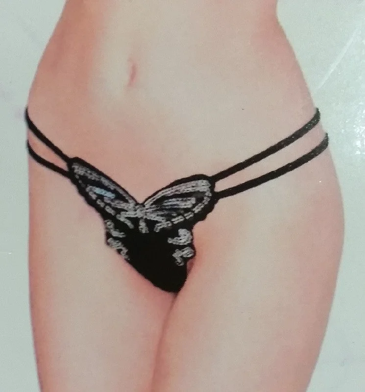 seamless panties with a concealed pocket, moisture-wicking finish, and stretchable fabric for convenience, comfort, and a smooth undergarment line.Sparkly Butterfly Thongs - Black