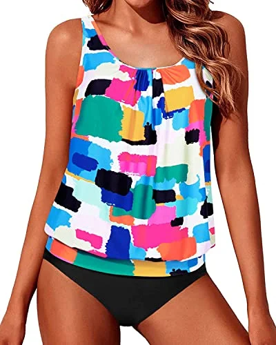 Push Up Bra Blouson Tankini Swimsuits For Women 2 Piece-Aqua