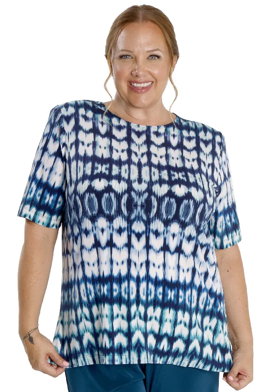 Women's Jodhpurs with Boat CollarVikki Vi Jersey Blue Tribal Short Sleeve Tunic