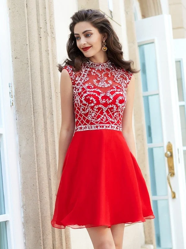 Women's Tiered DressesA-Line/Princess High Neck Sleeveless Beading Short/Mini Chiffon Dresses