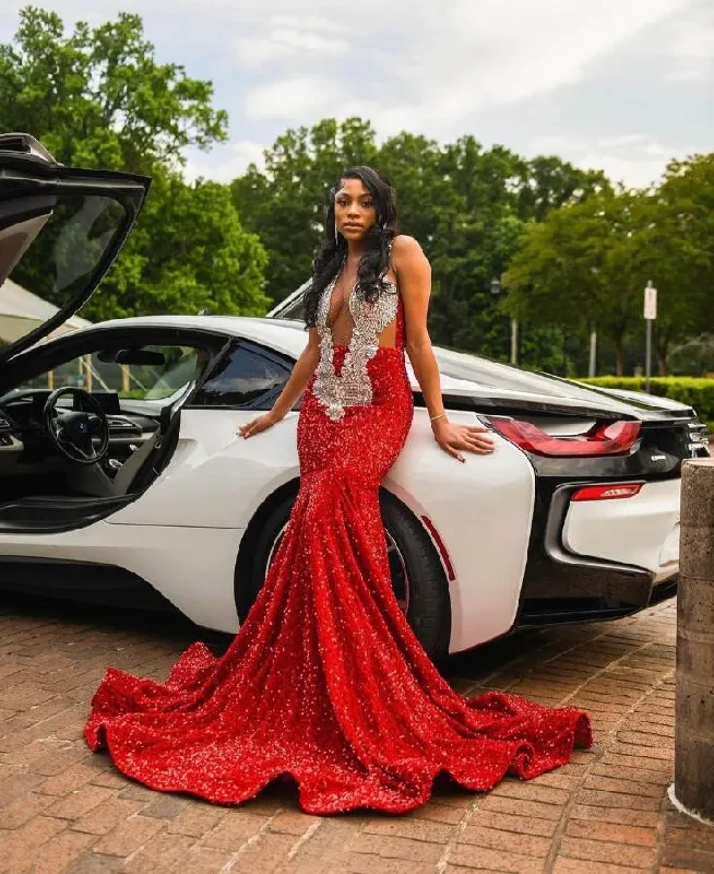 Women's Shawl Collar DressesSparkly Red Long Mermaid Evening Ceremony Dress for Black Girl Gillter Velvet Diamond Prom Dress vestido elegante feminino luxo