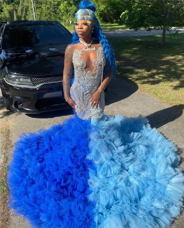 Women's Narrow-Neck DressesBlue O Neck Long Prom Dress For Black Girls Beaded Crystal Tassel Birthday Party Dresses Ruffles Evening Gowns Gown Robe De Bal